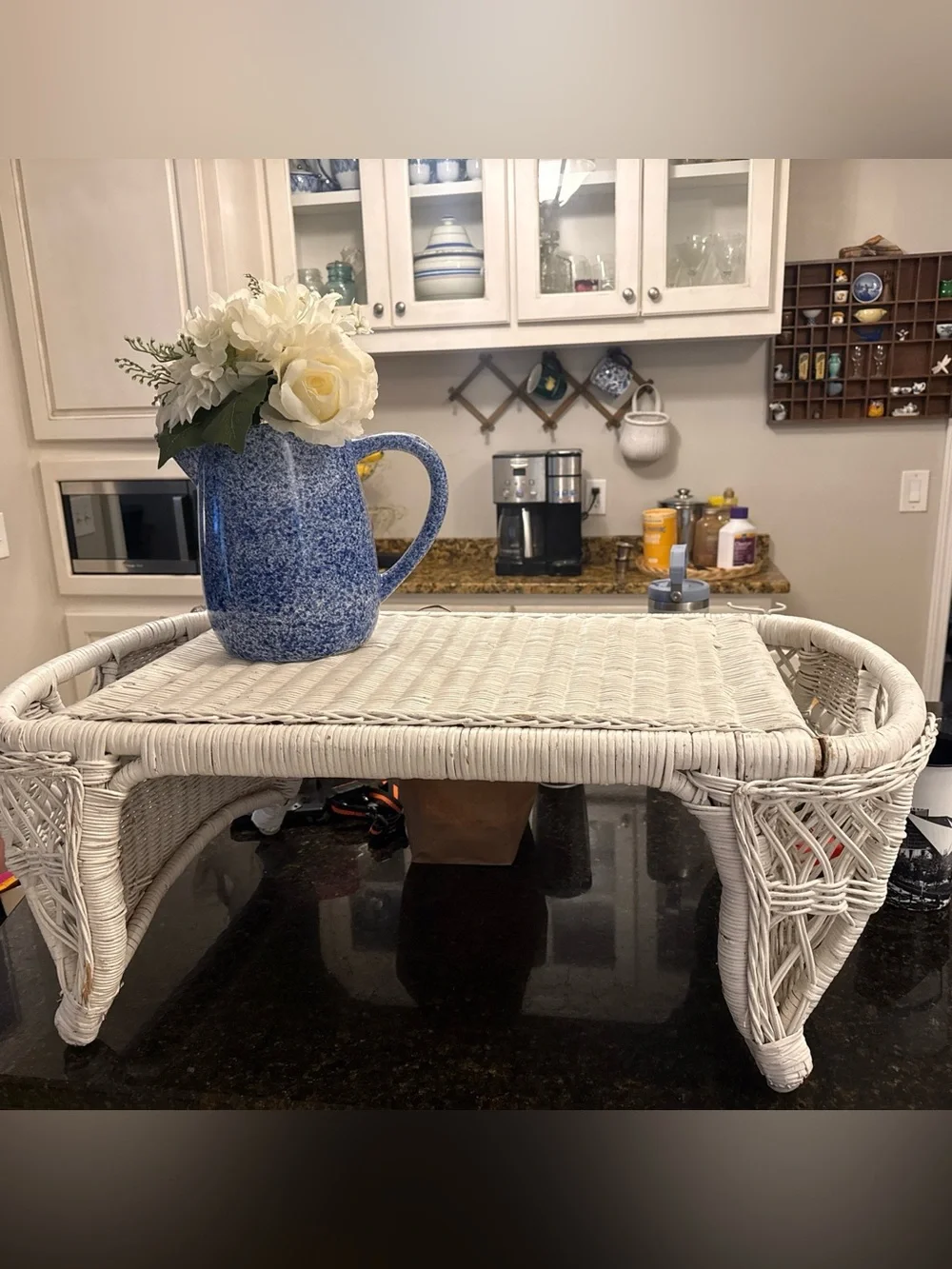 Vintage Wicker bedside tray with side pockets